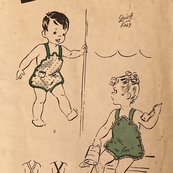 Vintage Sewing Pattern 1946 Child's Scalloped Sun Suit Boys and Girls Play Clothes Bibbed Shorts Size 1 Butterick 3813 Unprinted 1940s