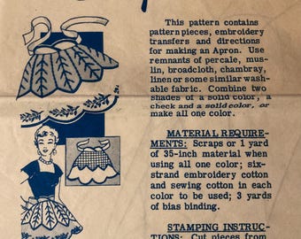 Vintage 1950s Trimmed Hostess Apron Pattern Leaves  Embroidery Flowers Transfer Pattern Mail Order 787