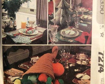 Vintage Sewing Pattern Seasonal Holiday Table Settings Decor Stuffed Cornucopia Vegetables Tree Place Mats Coasters Napkins Rings 1980