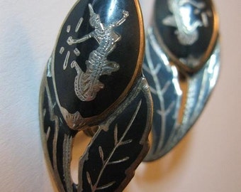 Vintage SIAM Silver Temple Dancer Earrings Niello Enamel