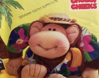 Patrón de costura vintage Chubby Cheeks Monkey Waikiki Willie, muñeco de peluche de 8" con camisa, sin cortar, 1986