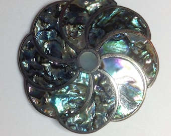 Vintage Abalone and Silver Pinwheel Motif Brooch Pin Mexico 1960s