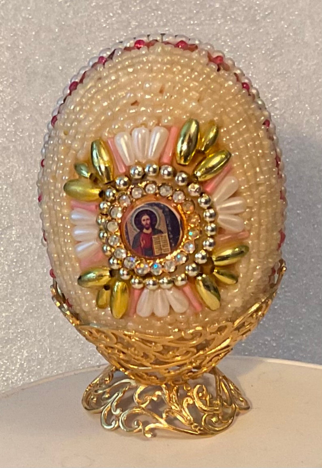 Vintage Beaded Icon Egg Pysanky Pearl and Glass Beads Holy Icon With