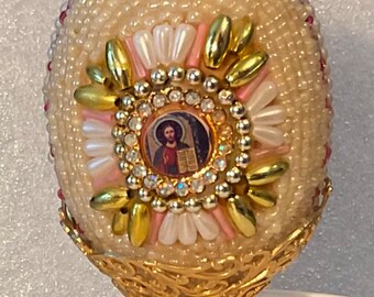 Vintage Beaded Icon Egg Pysanky Pearl and Glass Beads Holy Icon with Goldtone Filigree Stand Handmade Easter Decor Religious Memorabilia