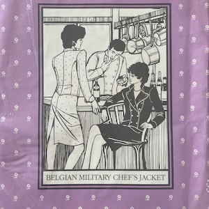 May include: A vintage sewing pattern for a Belgian Military Chef's Jacket. The pattern features a black and white illustration of three people in a kitchen setting. The pattern is from Folkwear.