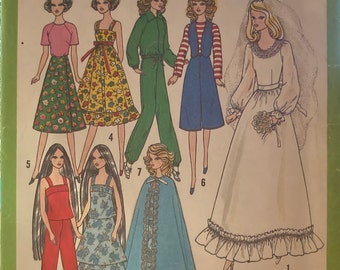 Vintage FASHION DOLL Wardrobe 11-1/2" Fashion Doll Sewing Pattern Barbie Clothes 1977 Wedding Dress Cape Dresses Pants Tops 70s Fashions