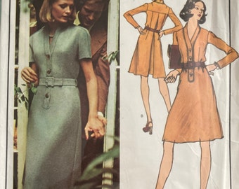 Vintage Vogue Paris Original PIERRE BALMAIN  Designer 1970's Sewing Pattern A Line Dress Size 12 Back Pleat Belted Doubleknit or Woven 2902