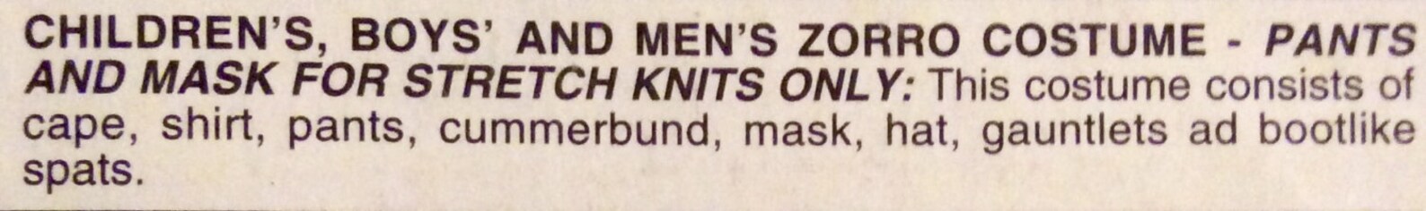 Zorro Mens' Costume Sewing Pattern 1997 Size 46-48 Pants Shirt Cape ...