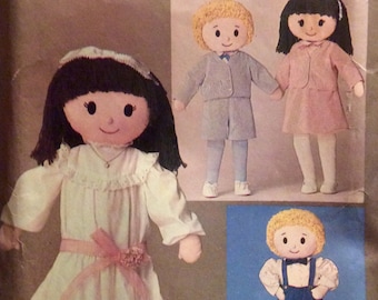 Vintage Sewing Pattern Stuffed Girl and Boy Dolls Yarn Hair Clothing Shoes Embroidered Faces