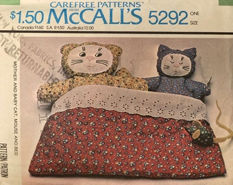 Vintage 1976 Sewing Pattern Stuffed Toys  Mother and Baby Cat, Mouse and Bed Embroidered Faces McCalls 5292 Stuffies Cat Kitten