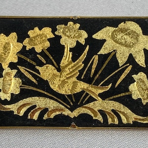 Vintage Damascene Pin Brooch Black and Gold Bird Floral Traditional Decoration Engraved Enamel Gold Tone Safety Clasp