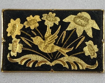 Vintage Damascene Pin Brooch Black and Gold Bird Floral Traditional Decoration Engraved Enamel Gold Tone Safety Clasp