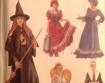 Girls' Costume Sewing Pattern Pilgrim Angel Witch Homestead Lady 2-4, 6-8, 10-12 UNCUT 2003 Dress Cape Hat Apron Collar