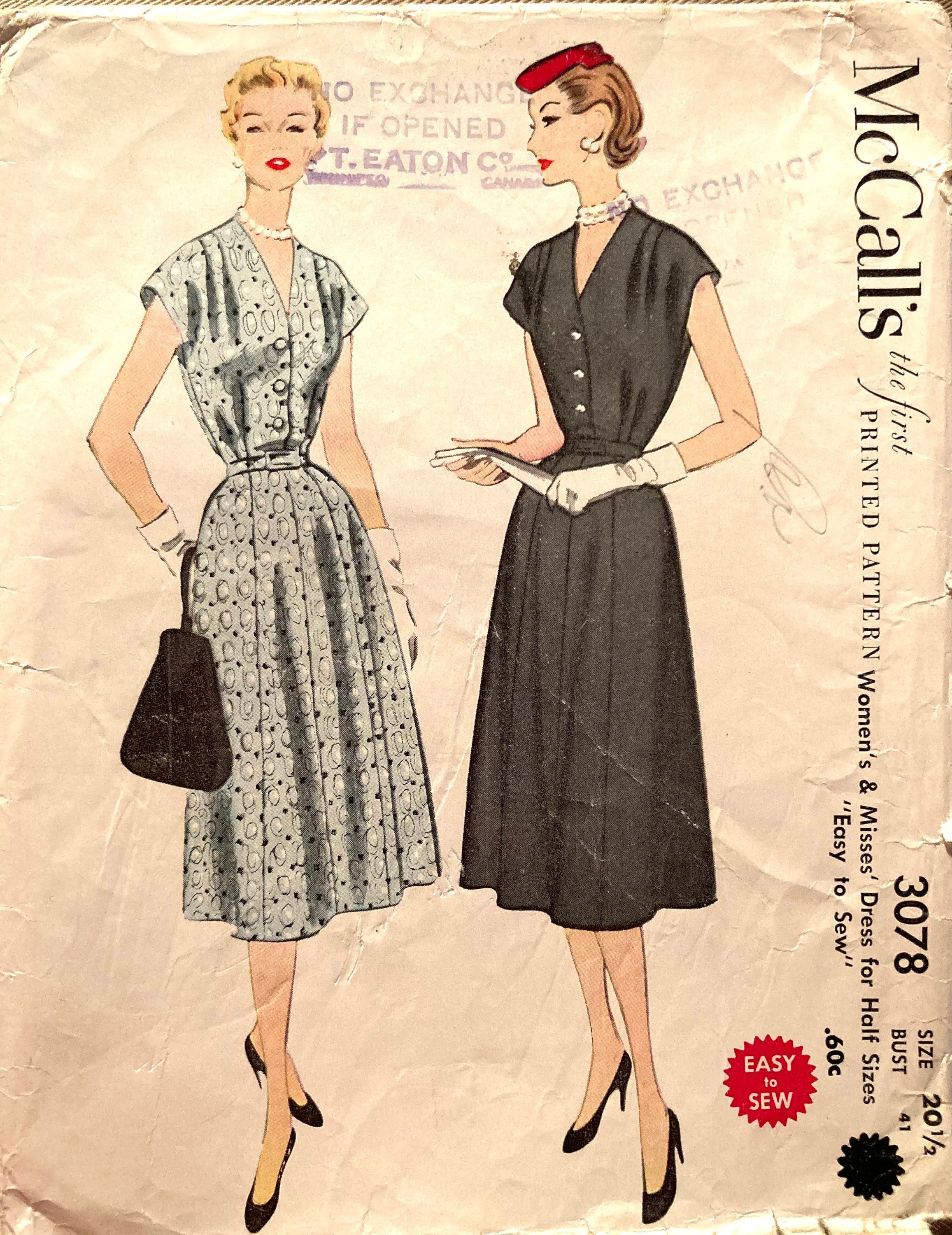 Vintage Sewing Pattern 1954 Short Sleeve Dress Size 20-1/2