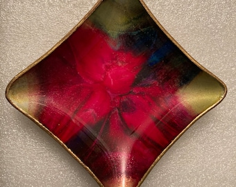 Vintage Small SEETUSEE Art Glass Square Dish Leather Backed 1960s Manitoba Red Gold and Blue Mayfair Glass