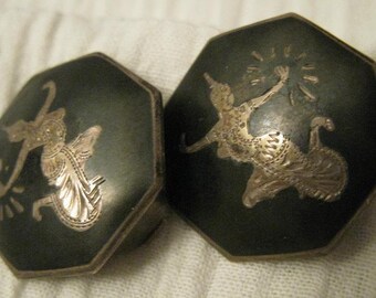 Vintage SIAM Silver Temple Dancer Earrings Sterling Black Enamel Niello Octagon
