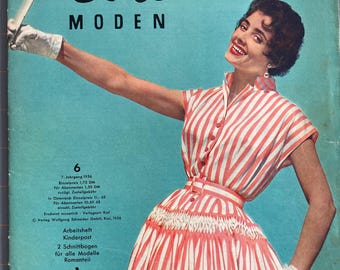 Eva Moden Vintage German Sewing Pattern Magazine 1956 #6 Ladies Children Costumes Germany Fashion Illustrations