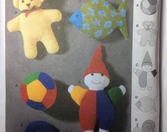 Baby Toys Burda Sewing Pattern Bear Fish Snail Ball Clown Stuffed  Plush Toys 1990's Infant Toys Uncut