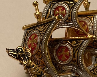 Vintage Ornate Toledoware Galleon Ship Pin Brooch Black White Red and Gold Classic Enamelled Jewellery Spain