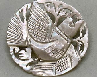 Vintage Hand Carved Mother of Pearl Bird in Flight Floral Pin Brooch Nicely Detailed Round Shell Pin