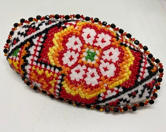 Vintage Ukrainian Embroidery Beaded Hairclip Black Glass Barrette Handstitched Hair Accessory Red Orange Green Yellow Black Cross Stitch