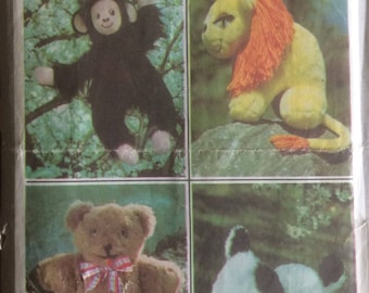 Stuffed Animals Lion Monkey Dog Bear Vintage Sewing Pattern Plush Toys 1977 Stuffies
