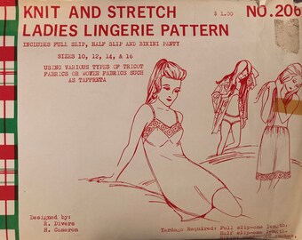 Vintage Sewing Pattern Knit and Stretch 206 Ladies Lingerie Full and Half Slip, Bikini Underwear 1960s-1970's