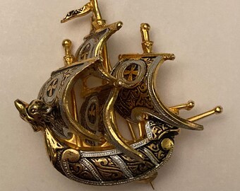 Vintage Ornate Toledoware Galleon Ship Pin Brooch Black White and Gold Classic Enamelled Jewellery Spain