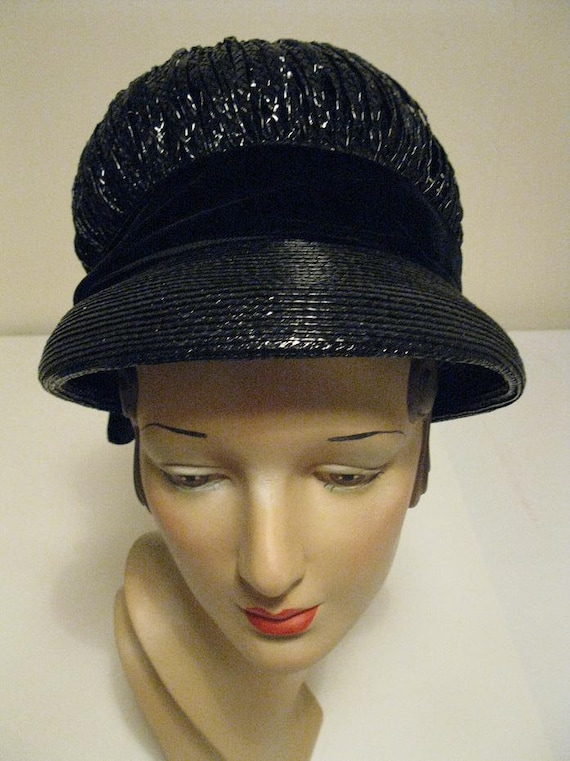 Vintage Ladies Hat Late 1960's Black Cello Straw L