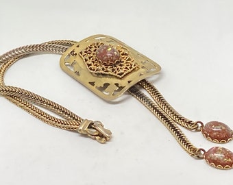 Vintage Sero Selini Bolo Lariat Necklace Brown Confetti Lucite Cabochons Cut Brass  and Filigree Sliding Wide Herringbone Chain