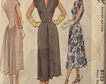 Vintage 1950 Dress Sewing Pattern Gathered Shoulders Back Interest Shaped Waistline Size 16 McCall 8153 1950s New Look Fashion