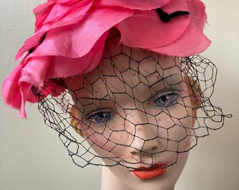 Vintage 1960's Purely Floral Flowered Whimsie Shocking Pink Fuchsia  Black Veiled Ladies Hat Creation by Andre Fascinator