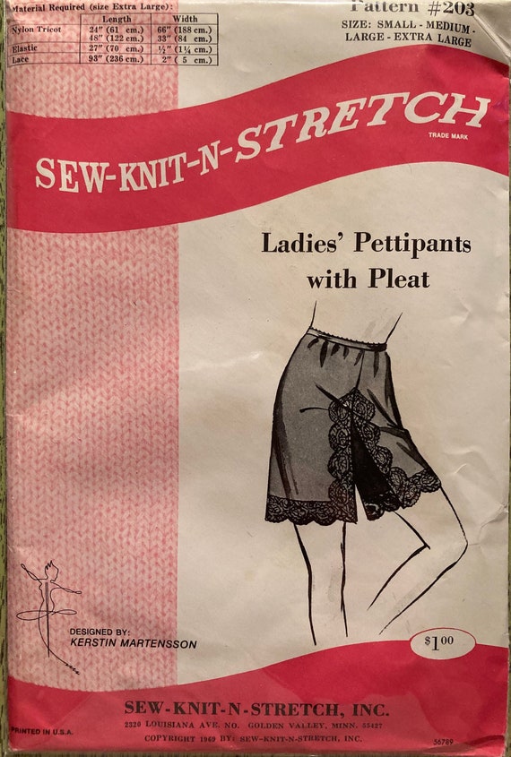 Vintage Sewing Pattern Ladies Lingerie Lace Trimmed Pettipants With Pleat  1969 Sew Knit N Stretch 203 Nylon Tricot Underwear Size S-M-L-XL 