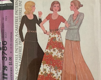 Vintage 1973 Sewing Pattern Misses Set of Tops, Skirt, Flared Pants and Belt Size 10 Unbonded Stretch Knits McCalls 3786