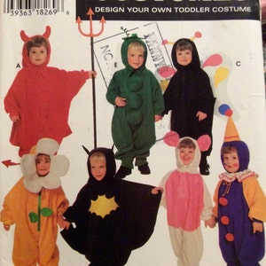May include: A sewing pattern for making toddler costumes. The pattern includes designs for a devil, a flower, a bat, a bunny, a pea pod, a ladybug, and a clown. The pattern is from Simplicity and is for sizes 1, 2, 3, and 4.