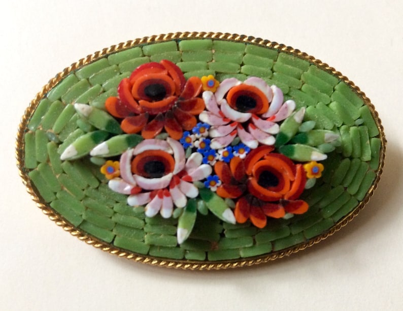 Vintage Mosaic work Pin Brooch Floral Multicoloured Italy 1950/'s Green Oval Background Goldtone