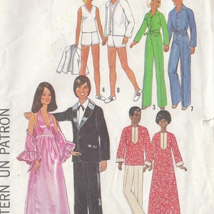 May include: A Simplicity sewing pattern for dolls, featuring a variety of outfits for both male and female dolls. The pattern includes a long pink gown, a black tuxedo, a green jumpsuit, a blue jumpsuit, a red and white patterned shirt and trousers, and a red and white patterned dress.