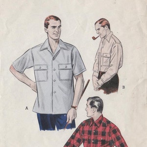 May include: A vintage sewing pattern for two men's shirts. The pattern is for a light blue short-sleeved shirt with two pockets and a red and black plaid long-sleeved shirt. The pattern is from Butterick and is size 14-14 1/2 inch neck. The pattern is for a small size and costs 45 pence.