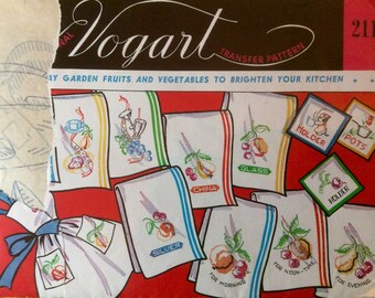 Vogart Vintage Embroidery Hot Iron Transfers Garden Fruits Vegetables Kitchen Motifs Linens Aprons 1950's