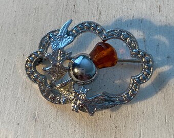 Vintage MIZPAH Scottish Thistle Brooch Topaz Amber Coloured Crystal Silvertone Pin Oval Scalloped Frame