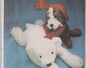 Vintage Sewing Pattern 1976 Stuffed Toys Floppy Polar Bear and Dog Pajama Bags Nightdress Cases Style 1905 FF Uncut
