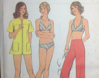 Vintage Sewing Pattern Retro Coordinates Beach Robe Trousers Bikini Miss Size 12 Bathing Suit Pants Cover-Up Uncut 1970's
