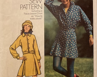 Vintage Sewing Pattern 1970s Unlined Bomber Length Jacket Pleated Skirt TopStitched Brim Hat Size Miss 12 Butterick 5422 How To Sew 1972 FF