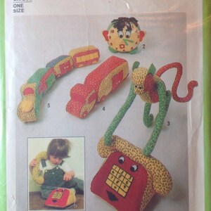 Vintage Sewing Pattern Colourful Stuffed Toys Retro 1970&#39;s Monkey Telephone Train Clock Truck Calico Cotton Uncut