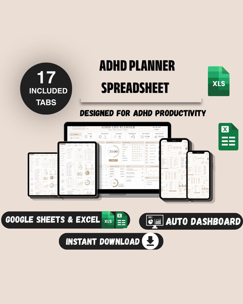 ADHS-Planer-Tabelle | Google Tabellen & Excel | ADHS-Lebensplaner | Produktivitäts-Tracker | Planer für exekutive Funktionen | Digitaler Download Bild 1