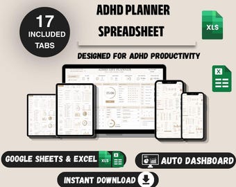 ADHS-Planer-Tabelle | Google Tabellen & Excel | ADHS-Lebensplaner | Produktivitäts-Tracker | Planer für exekutive Funktionen | Digitaler Download