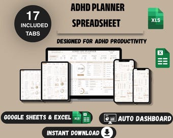 ADHS-Planer-Tabelle | Google Tabellen & Excel | ADHS-Lebensplaner | Produktivitäts-Tracker | Planer für exekutive Funktionen | Digitaler Download