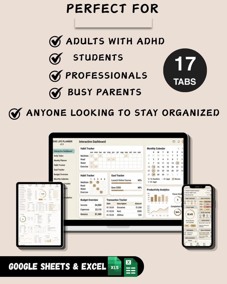 ADHS-Planer-Tabelle | Google Tabellen & Excel | ADHS-Lebensplaner | Produktivitäts-Tracker | Planer für exekutive Funktionen | Digitaler Download Bild 6