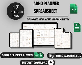 ADHS-Planer-Tabelle | Google Tabellen & Excel | ADHS-Lebensplaner | Produktivitäts-Tracker | Planer für exekutive Funktionen | Digitaler Download