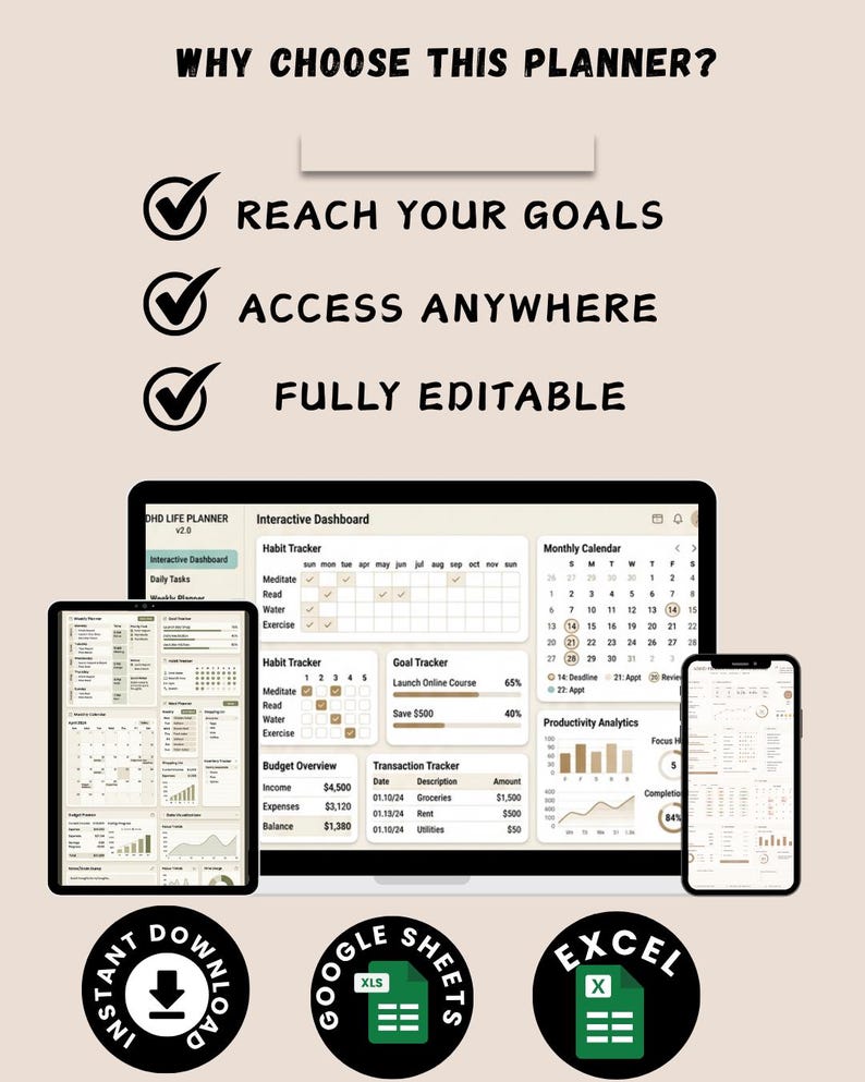 ADHS-Planer-Tabelle | Google Tabellen & Excel | ADHS-Lebensplaner | Produktivitäts-Tracker | Planer für exekutive Funktionen | Digitaler Download Bild 7
